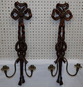 pair of mahogany and brass wall sconces by Maitland Smith