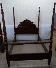 carved mahogany four poster queen size bed with rails