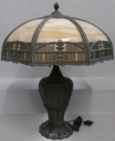 antique painted metal and slag glass lamp