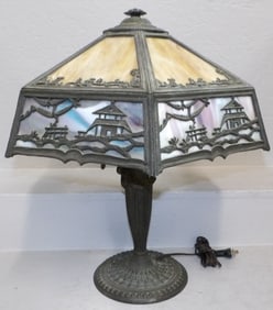 antique painted metal and slag glass lamp signed Miller