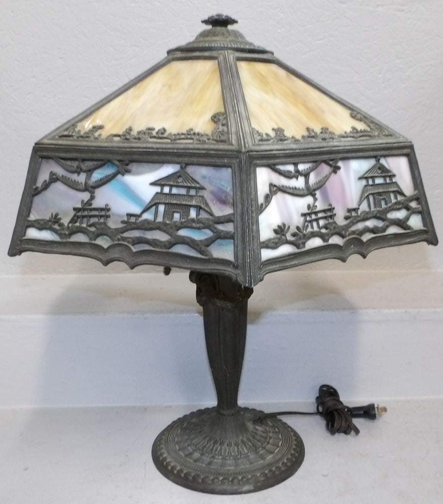 antique painted metal and slag glass lamp signed Miller (1 of 7)