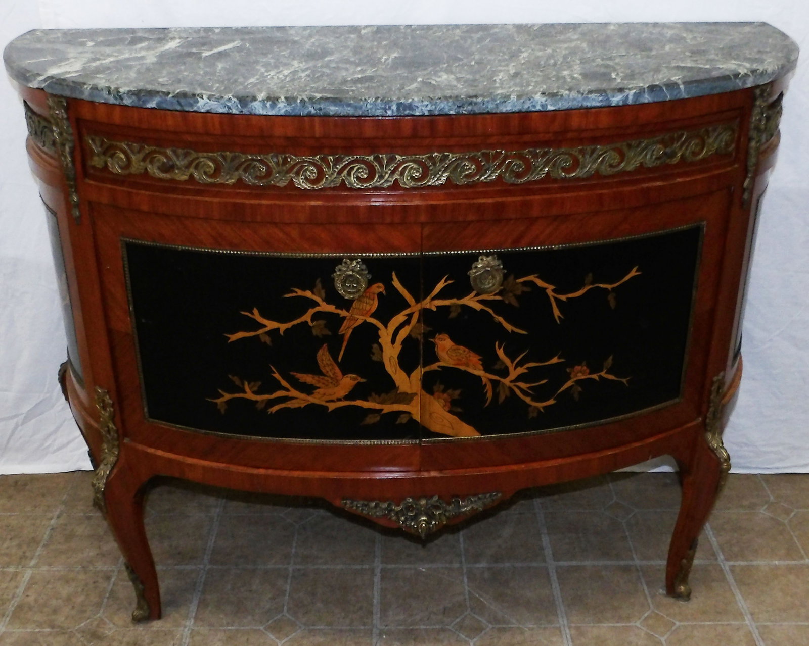 rosewood bird inlay French marble top commode: rosewood bird inlay French marble top commode . 47" W 19 1/2" D 35 1/4" H "ALL DESCRIPTIONS AND ANY CONDITION STATEMENT GIVEN BY LANGSTON AUCTION GALLERY ARE STRICTLY OPINIONS AND LANGSTON'S SHALL HAV