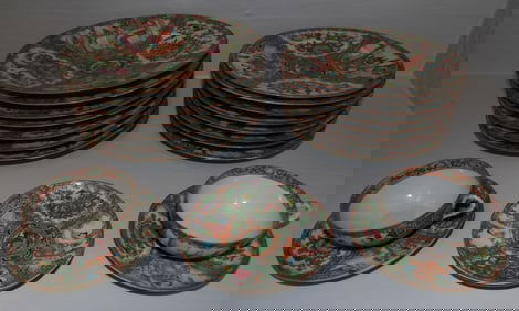 21 pieces of antique rose medallion including plates, cups and saucers