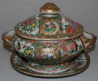 19th century rose medallion covered tureen with underplate