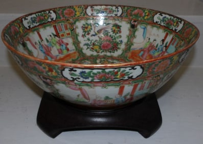 19th century rose medallion porcelain bowl on teak wood stand