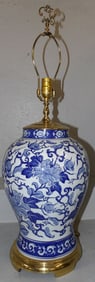 Oriental blue and white porcelain vase made into lamp