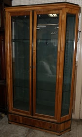 19th century walnut two door glass cabinet with one drawer base