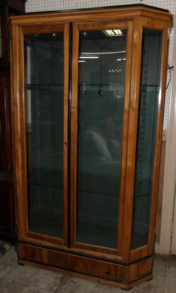 19th century walnut two door glass cabinet with one drawer base: 19th century walnut two door glass cabinet with one drawer base. 45 1/2L 20W 73 1/2H "ALL DESCRIPTIONS AND ANY CONDITION STATEMENT GIVEN BY LANGSTON AUCTION GALLERY ARE STRICTLY OPINIONS AND LANGSTON'
