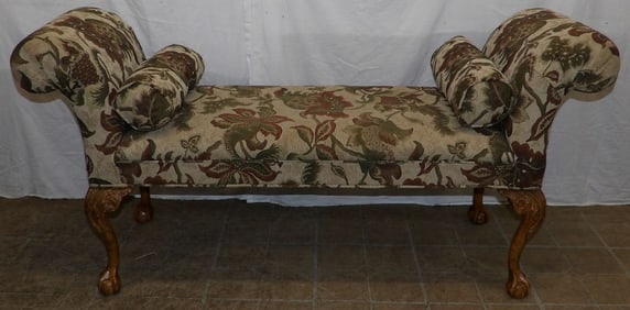 carved walnut and upholstered window bench with ball and claw feet