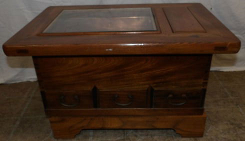 Oriental elm wood hibachi with copper liner and glass top