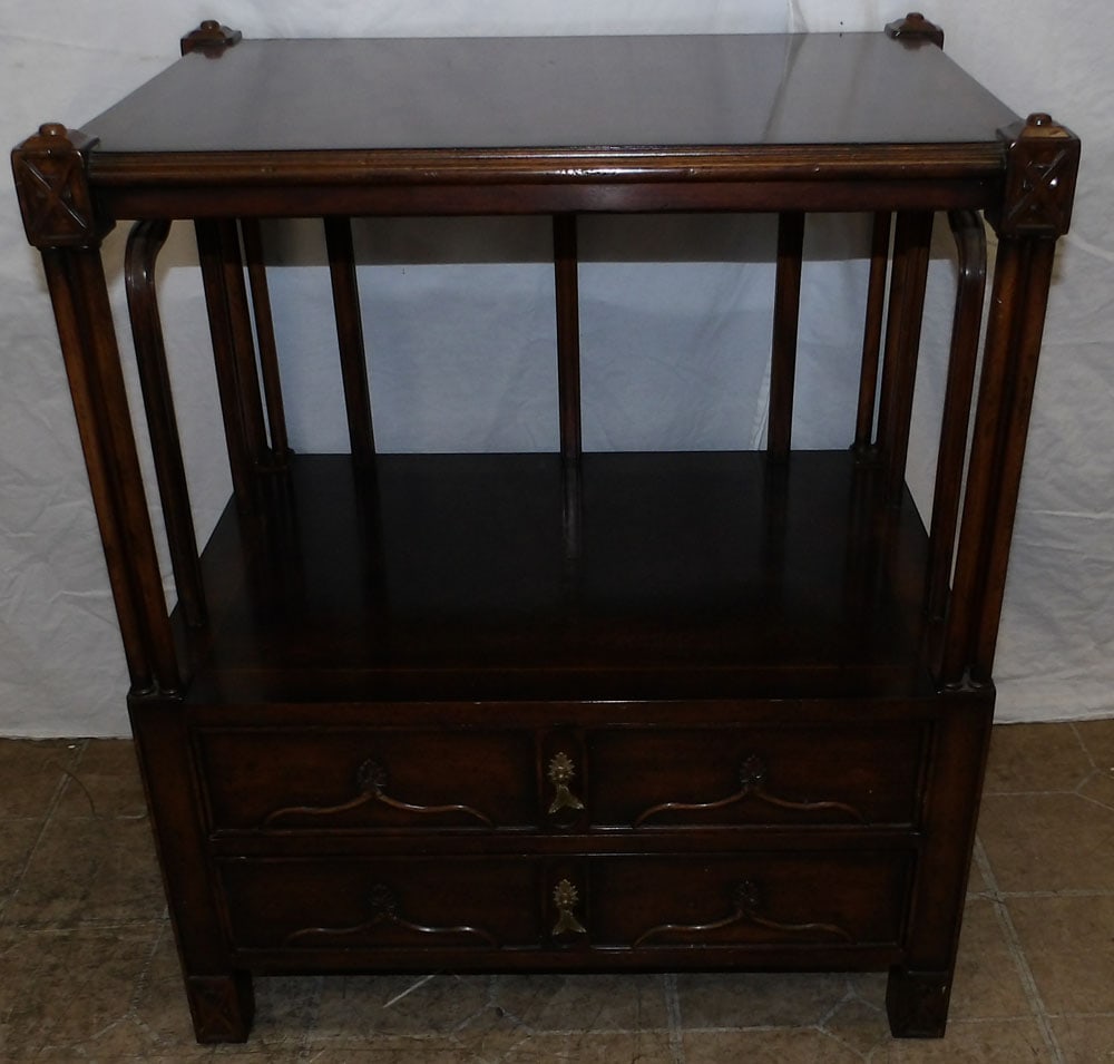 burled mahogany banded top faux bamboo two drawer night stand by Jonathan Charles (1 of 6)