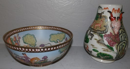 Oriental porcelain bowl and vase drilled for lamp
