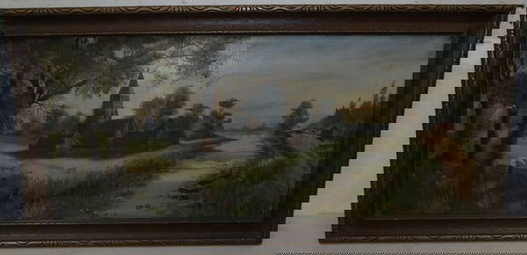 antique framed oil on canvas farm scene