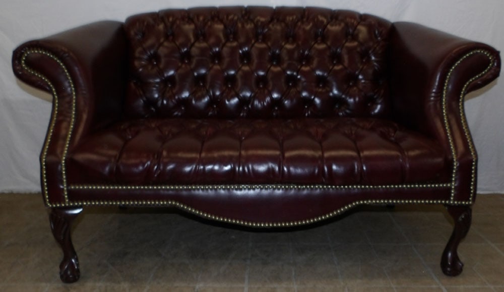faux leather upholstered love seat by Gellespie Furniture: faux leather upholstered love seat by Gellespie Furniture . 61" W 32" D 36" H "ALL DESCRIPTIONS AND ANY CONDITION STATEMENT GIVEN BY LANGSTON AUCTION GALLERY ARE STRICTLY OPINIONS AND LANGSTON'S SHALL