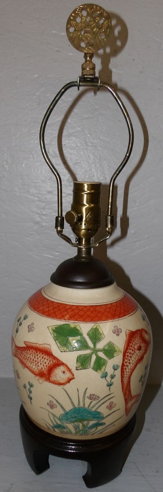 Oriental porcelain ginger jar made into lamp with fish motif (1 of 5)