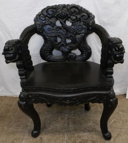 Oriental carved wood dragon arm chair