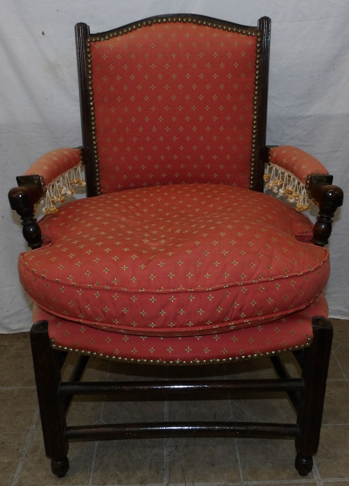 antique elm wood and upholstered arm chair: antique elm wood and upholstered arm chair. 34" H "ALL DESCRIPTIONS AND ANY CONDITION STATEMENT GIVEN BY LANGSTON AUCTION GALLERY ARE STRICTLY OPINIONS AND LANGSTON'S SHALL HAVE NO RESPONSIBILITY FOR