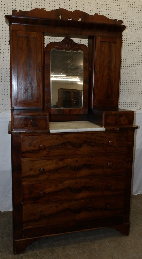 19th Century Mahogany Empire Marble Top Wig Dresser: 19th Century Mahogany Empire Marble Top Wig Dresser. 42 1/2" W 19" D 80 1/2" H "ALL DESCRIPTIONS AND ANY CONDITION STATEMENT GIVEN BY LANGSTON AUCTION GALLERY ARE STRICTLY OPINIONS AND LANGSTON'S SHAL
