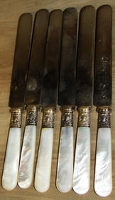 Set of Six Antique Sterling Collar & Mother of Pearl Handle Knives by J. Russell & Co. 1884