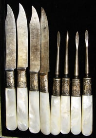 Lot of Eight Antique Sterling Collar & Mother of Pearl Handle Fruit Knives & Matching Nut Picks by