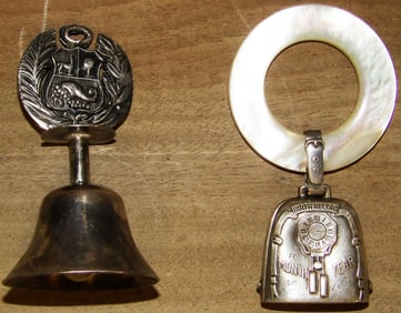 Sterling & Mother of Pearl Baby Teething Rattle & Sterling Peruvian Coat of Arms Bell