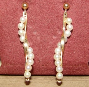 Pair of 14Kt. Gold & Pearl Deco Geometric Drop Earrings