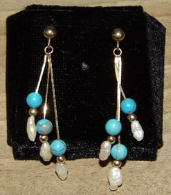 Pair of 14 Kt. Gold White Pearl & Turquoise Earrings