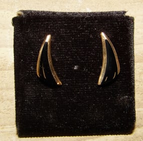 Pair of Vintage 14 Kt. Gold & Black Onyx Two Tone Crescent Shaped Earrings Marked KBN