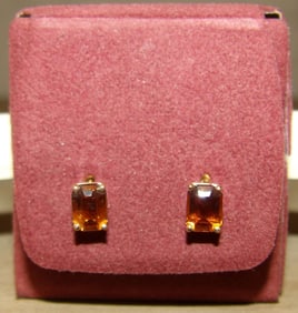 Pair of 14 Kt. Gold Emerald Cut Earrings, (Appears to be Citrine)