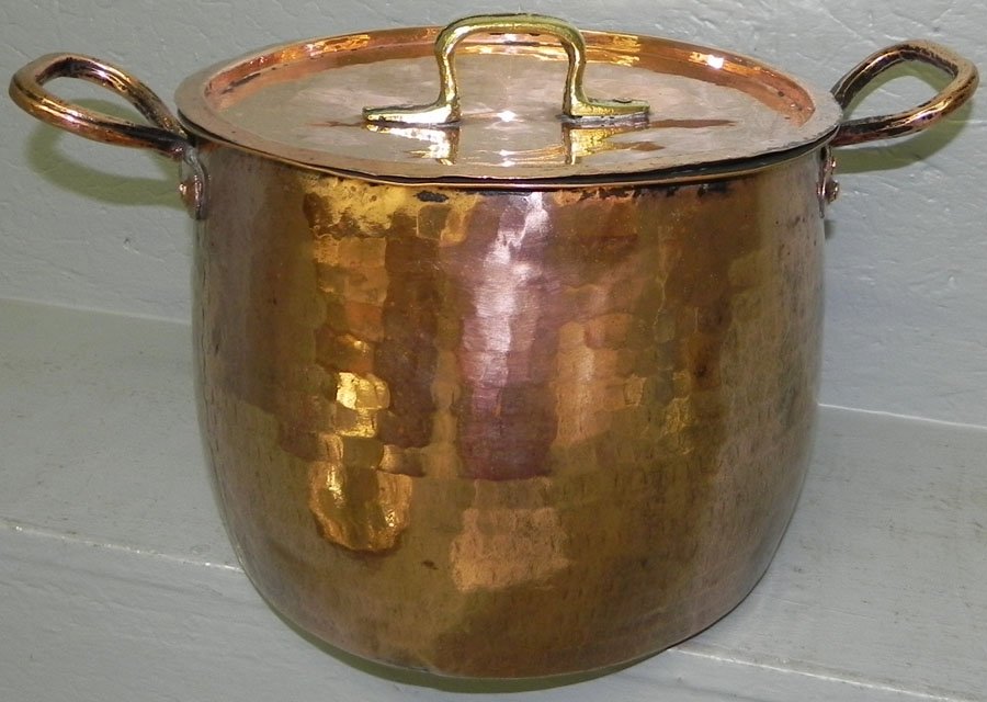Early two-handle copper dove tail pot.: Early two-handle copper dove tail pot. 16" handle to handle, 9" tall.