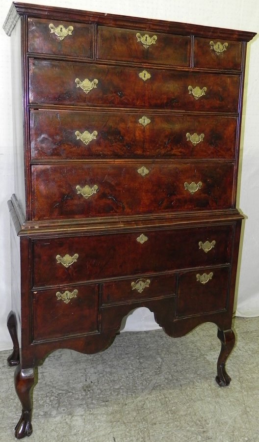 18th Century Queen Anne burl walnut highboy.: 18th Century Queen Anne burl walnut highboy. 39" wide x 20 1/2" deep x 5'5" tall.
