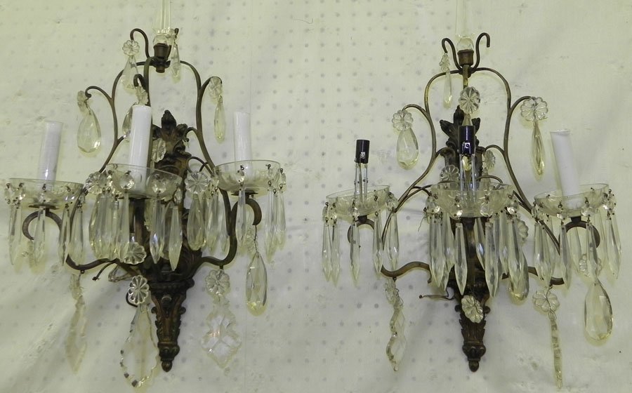 Pair of bronze and crystal wall sconces. 24" tall. : Pair of bronze and crystal wall sconces. 24" tall.