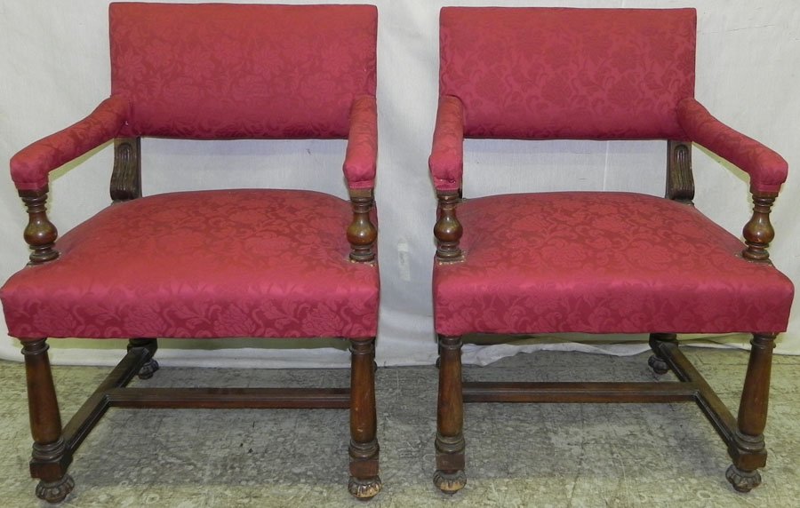 Pair of walnut sheraton arm chairs.: Pair of walnut sheraton arm chairs.