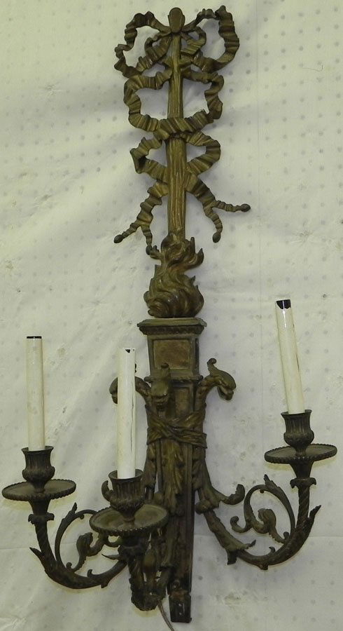 Bronze or brass three branch wall sconce.: Bronze or brass three branch wall sconce. 34" tall.