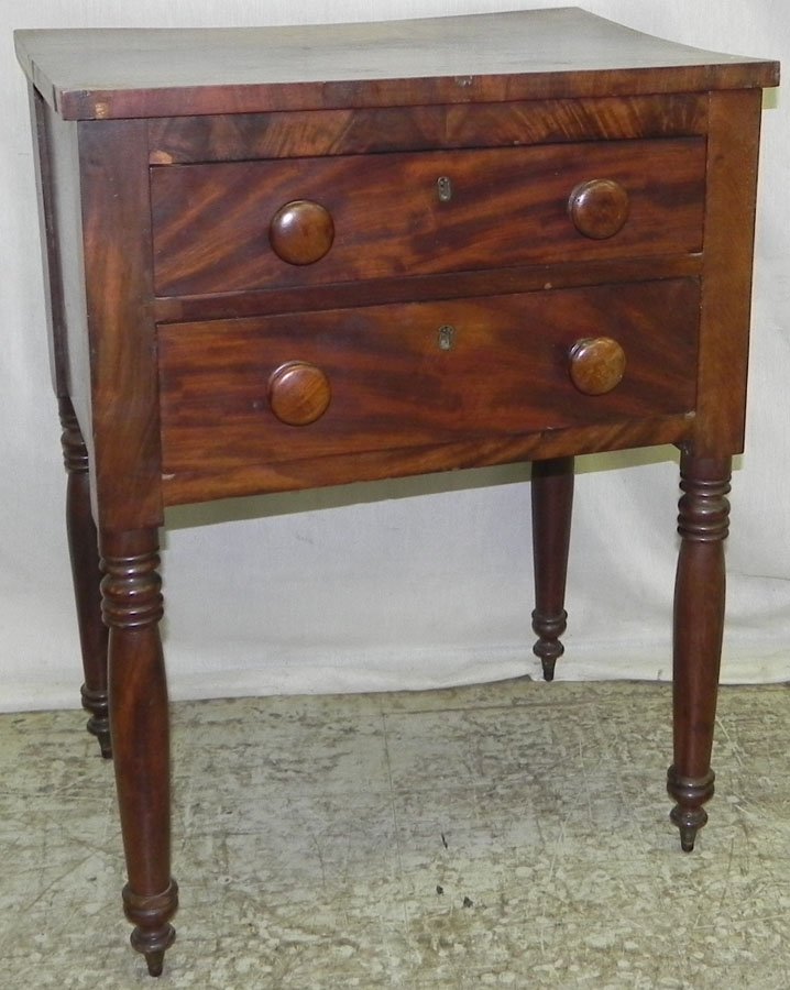 Mahogany two drawer empire work table.: Mahogany two drawer empire work table. 22 1/2" wide x 16 1/2" deep x 29" tall.