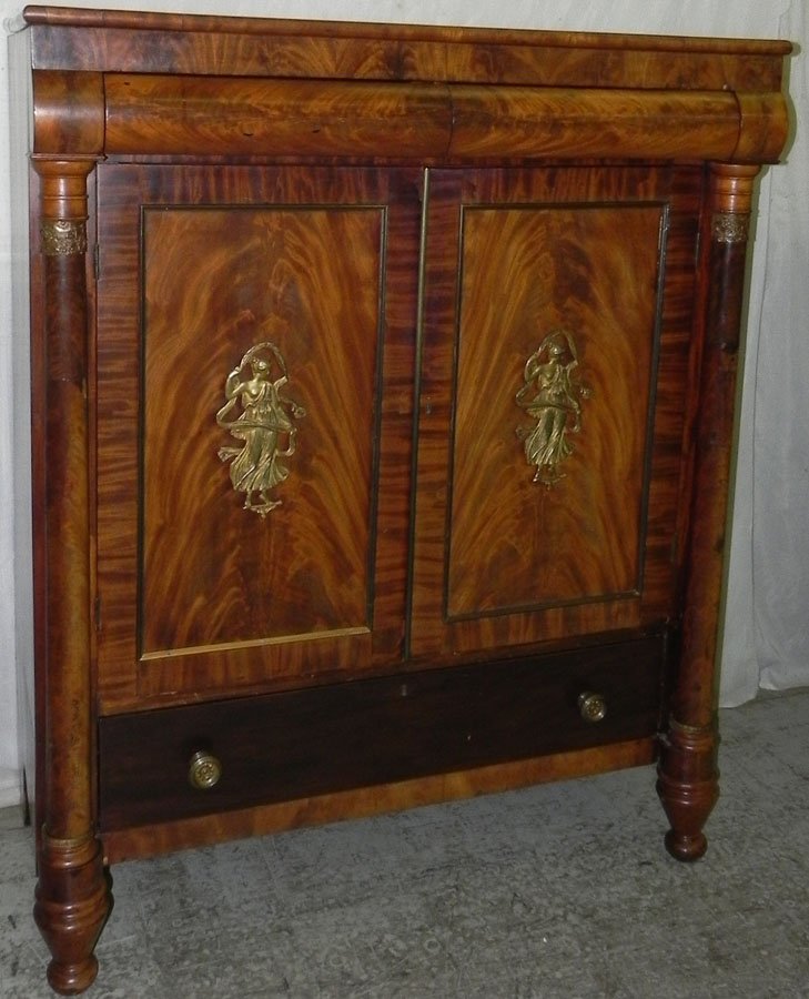 Fr Empire crotch mah linen press w/ original trays.: French empire crotch mahogany linen press with original trays. 46 1/2" wide x 23" deep x 57 1/2" tall.