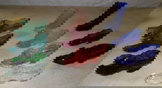 Lot of Fenton & Colored Glass Shoes : Lot of Fenton & Colored Glass Shoes . Up to 5" H 2" W 4" D ALL DESCRIPTIONS AND ANY CONDITION STATEMENT GIVEN BY LANGSTON AUCTION GALLERY ARE STRICTLY OPINIONS AND LANGSTON'S SHALL HAVE NO