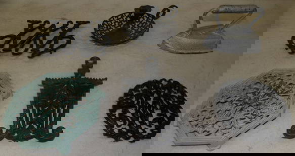 Lot of Cast Iron Trivets, (Some VA Metalcrafters), & Flat Iron: Lot of Cast Iron Trivets, (Some VA Metalcrafters), & Flat Iron. Up to 1" H 5 1/2" W 8 1/2" D ALL DESCRIPTIONS AND ANY CONDITION STATEMENT GIVEN BY LANGSTON AUCTION GALLERY ARE STRICTLY OPINIONS AND