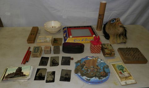 Lot of Vintage Cereal Bowls, Dominos, Games, & Mask