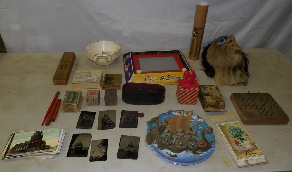 Lot of Vintage Cereal Bowls, Dominos, Games, & Mask: Lot of Vintage Cereal Bowls, Dominos, Games, & Mask. Up to 14" H 9" W 15" D ALL DESCRIPTIONS AND ANY CONDITION STATEMENT GIVEN BY LANGSTON AUCTION GALLERY ARE STRICTLY OPINIONS AND LANGSTON'S SHALL HA