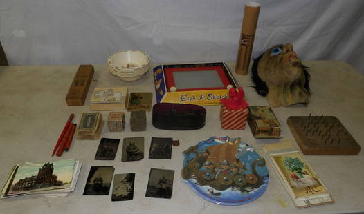 Lot of Vintage Cereal Bowls, Dominos, Games, & Mask: Lot of Vintage Cereal Bowls, Dominos, Games, & Mask. Up to 14" H 9" W 15" D ALL DESCRIPTIONS AND ANY CONDITION STATEMENT GIVEN BY LANGSTON AUCTION GALLERY ARE STRICTLY OPINIONS AND LANGSTON'S SHALL