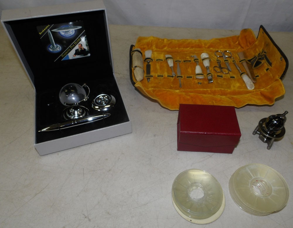 Lot of Vintage Dresser Set, Pin Holder, & Miniature Globe on Stand  (1 of 4)