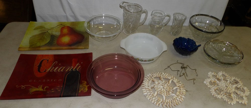 Lot of Glass Items & Shell Place Mats : Lot of Glass Items & Shell Place Mats . Up to 15" W 12" D ALL DESCRIPTIONS AND ANY CONDITION STATEMENT GIVEN BY LANGSTON AUCTION GALLERY ARE STRICTLY OPINIONS AND LANGSTON'S SHALL HAVE NO RESPONSIBILI
