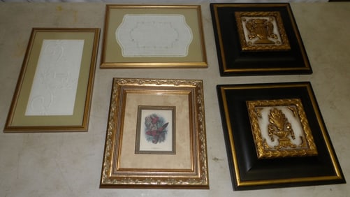 Lot of Resin Wall Plaques, Framed Linens, & Prints