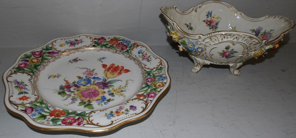 handpainted open work Dresden plate and footed bowl (1 of 5)