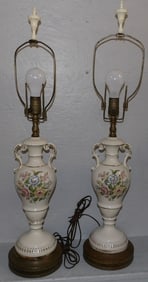 pair of painted porcelain urn lamps
