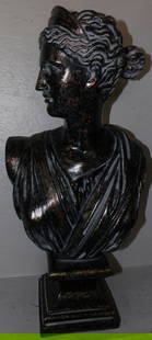 painted ceramic Greecian bust of lady : painted ceramic Greecian bust of lady . 23 3/4" H 12" W 5 1/2" D ALL DESCRIPTIONS AND ANY CONDITION STATEMENT GIVEN BY LANGSTON AUCTION GALLERY ARE STRICTLY OPINIONS AND LANGSTON'S SHALL HAVE NO RESPO