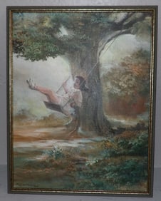 framed oil on canvas little girl on swing