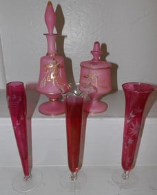lot of opaline and cranberry glass items