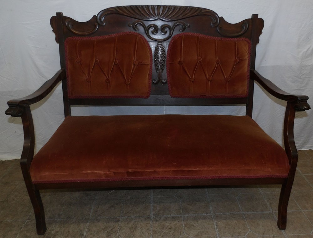 antique carved mahogany and gargoyle head arm Victorian settee : antique carved mahogany and gargoyle head arm Victorian settee . 37" H 46 1/4" D 24" D ALL DESCRIPTIONS AND ANY CONDITION STATEMENT GIVEN BY LANGSTON AUCTION GALLERY ARE STRICTLY OPINIONS AND LANGSTON